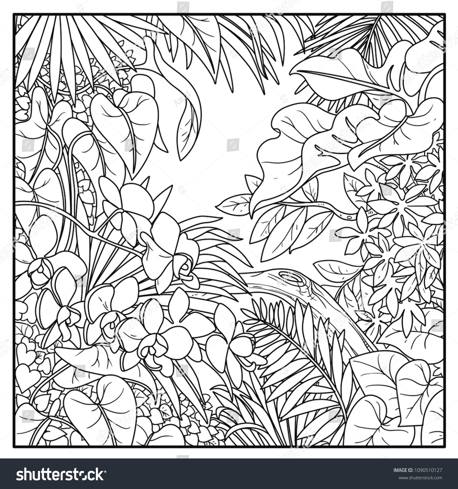 Wild Jungle Black Contour Line Drawing Stock Vector (Royalty Free ...