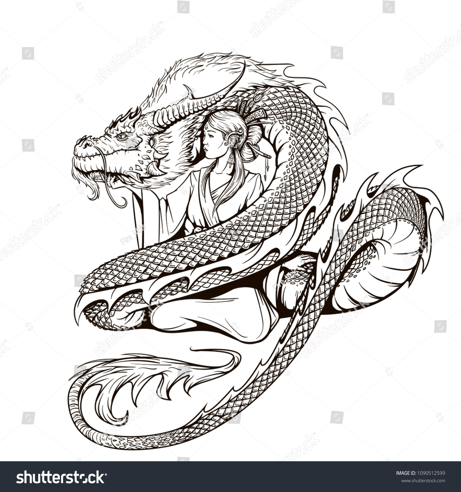 Asian Woman Traditional Dress Chinese Dragon Stock Vector (Royalty Free ...