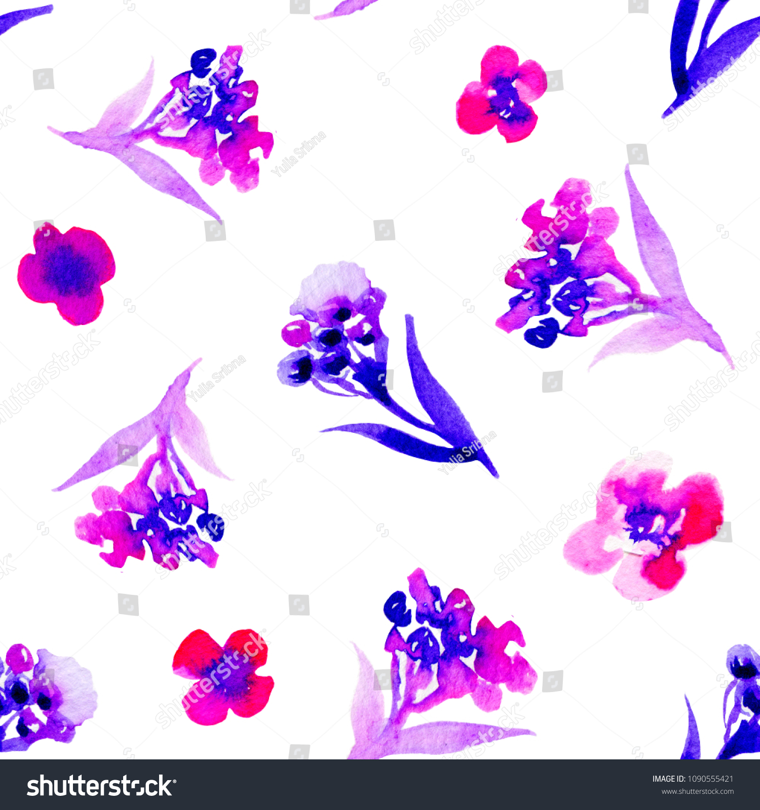 Watercolor Flower Seamless Pattern Bright Colorful Stock Illustration