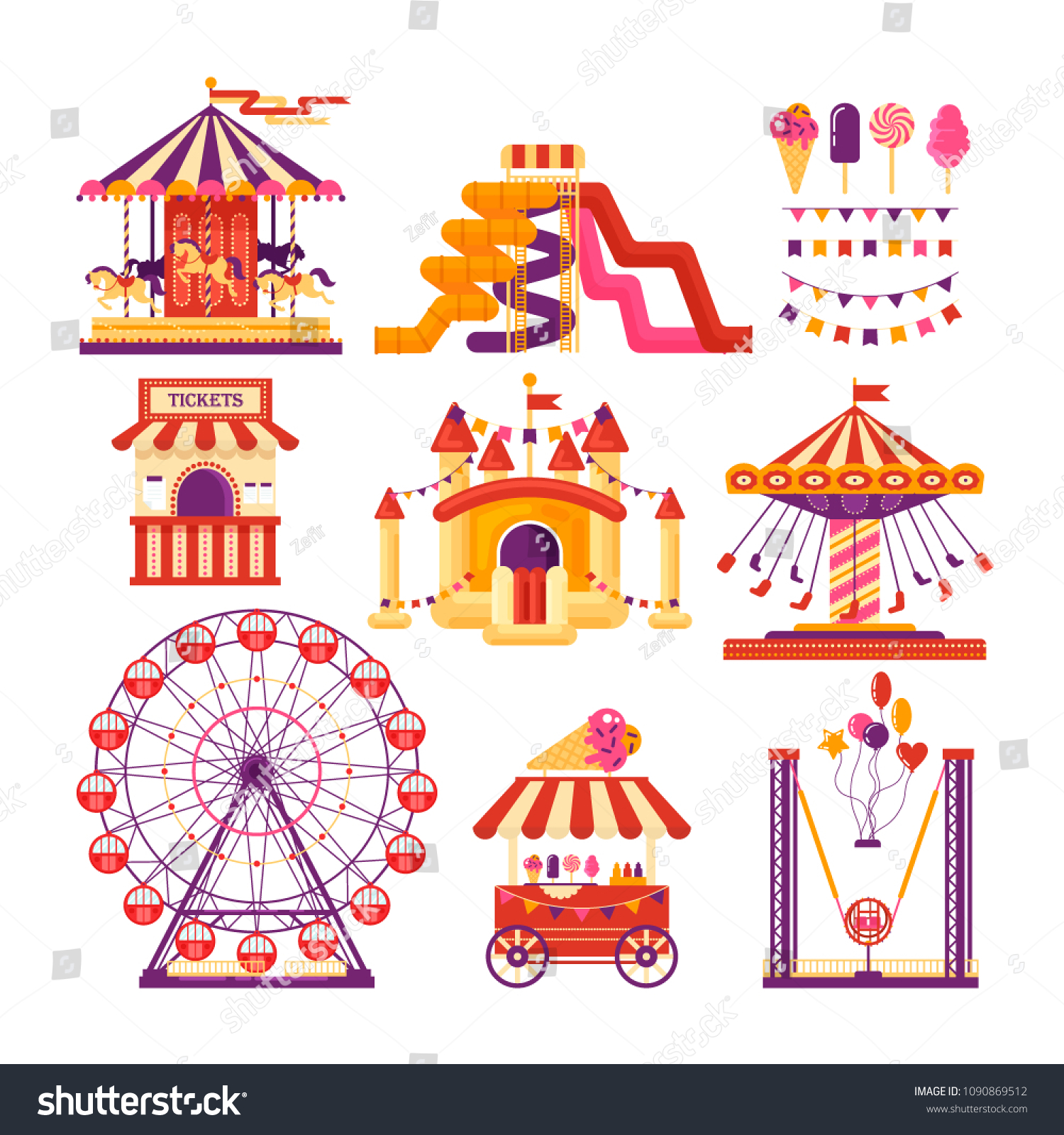 Amusement Park Flat Elements Carousels Waterslides Stock Vector ...