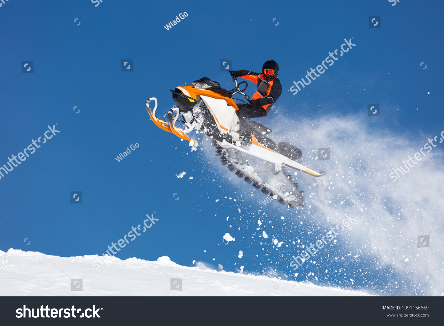 Guy Flying On Snowmobile On Background Stock Photo 1091156669 ...