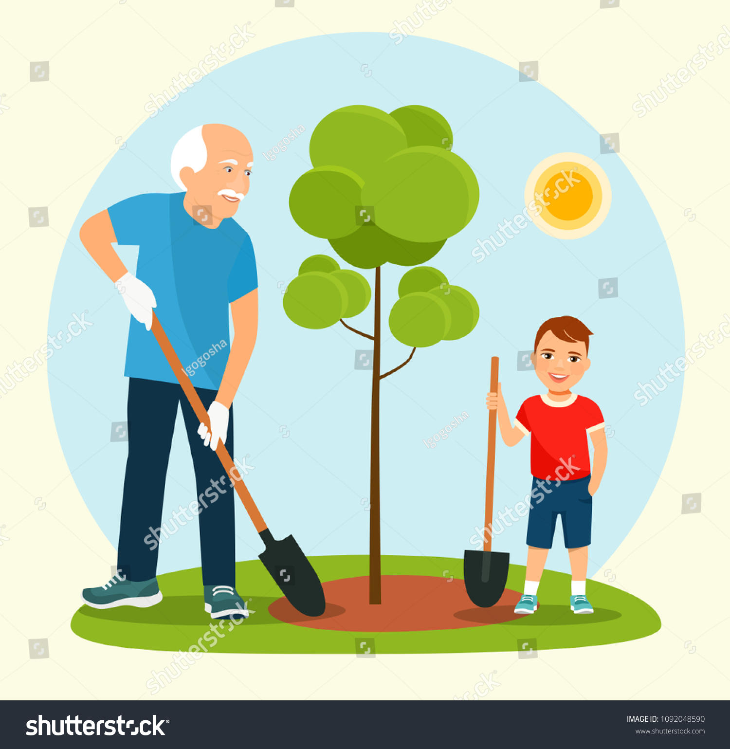 Дедушка посадил в нашем саду дерево. Дедушка сажает дерево. Внук и дедушка сажают дерево. Мальчик сажает дерево. Дети сажают деревья с дедушкой.