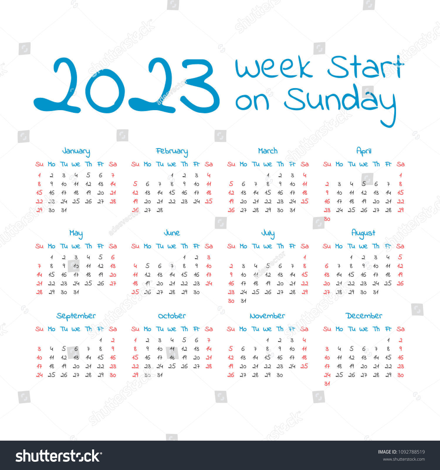 2023 Calendar With Numbered Weeks 2023 Calendar Week Start On Sunday Stock Vector Royalty Free 1092788519 Shutterstock