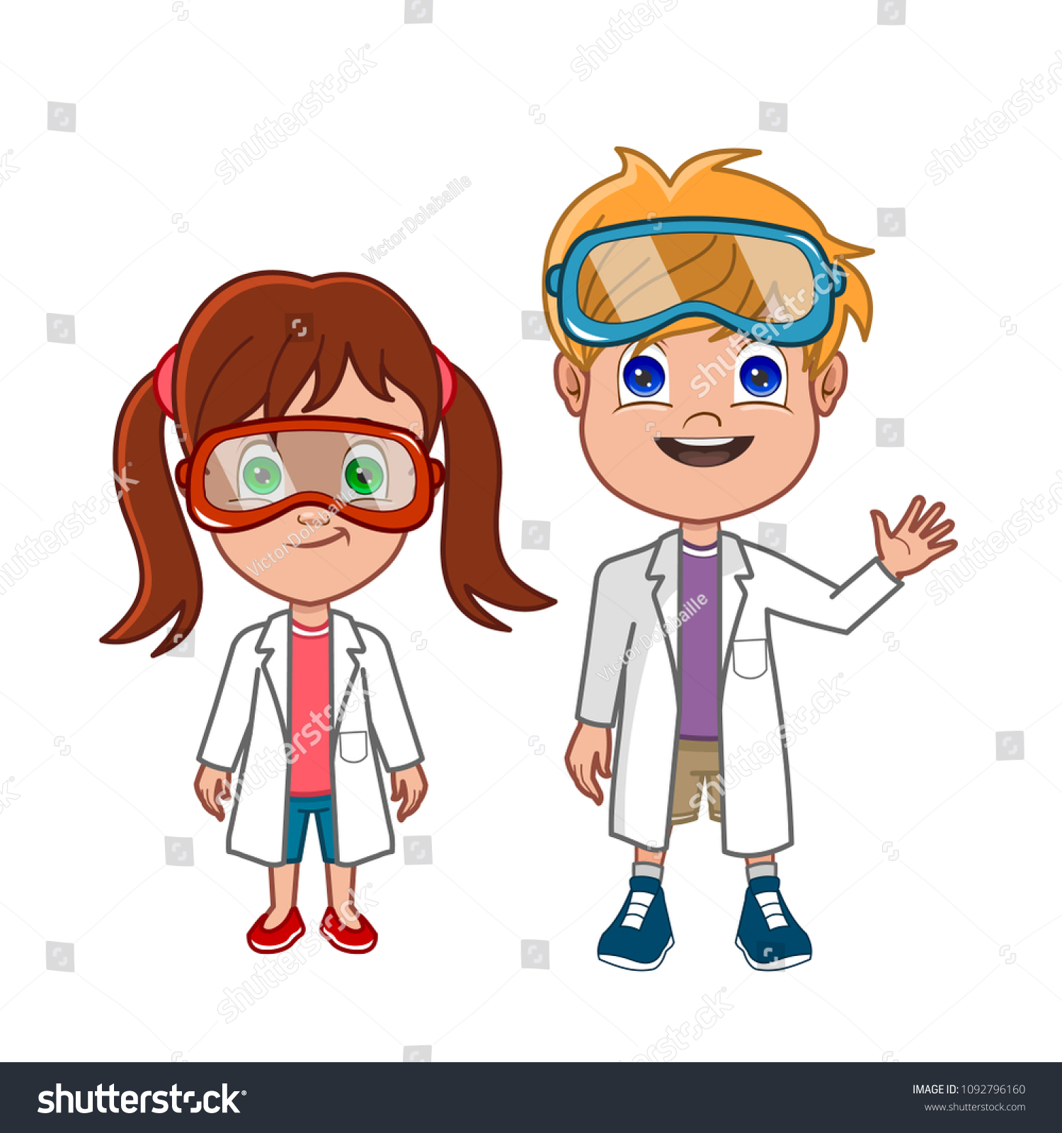 Vektor Stok Cartoon Scientist Boy Girl Lab Coats (Tanpa Royalti) 1092796160...