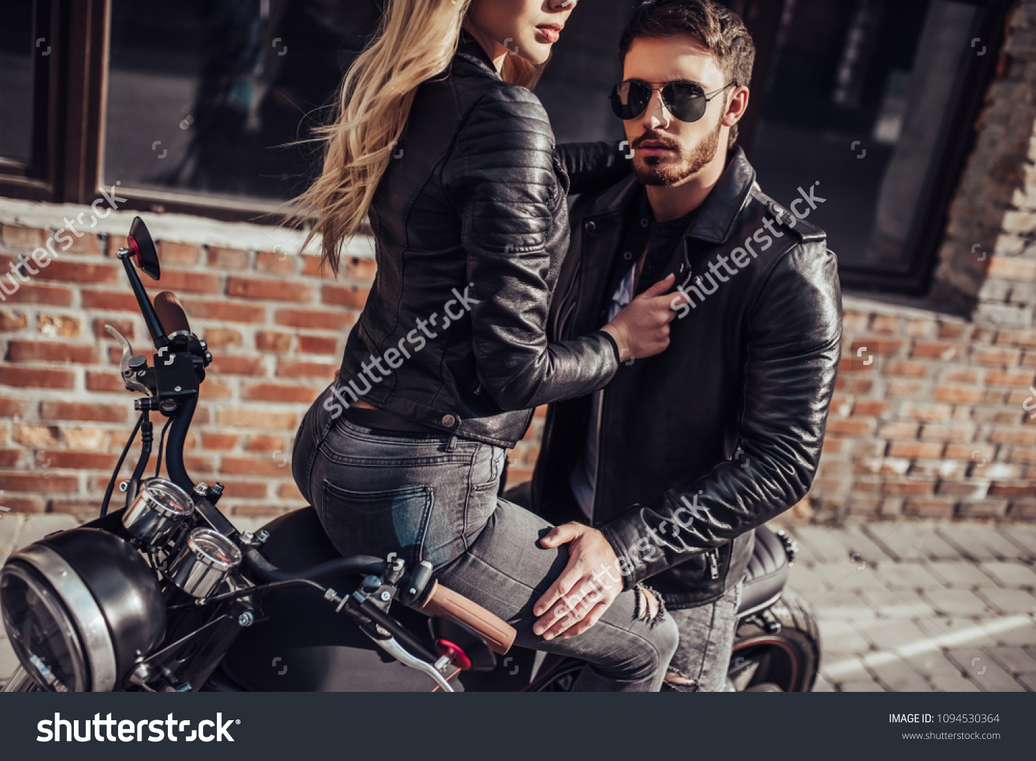 Romantic Biker Couple Black Motorcycle Handsome Stock Photo 1094530364 ...