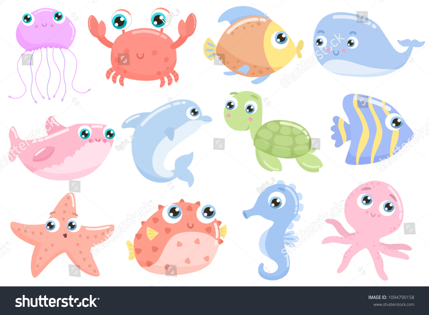 Cute Sea Animals Flat Design Stock Vector (Royalty Free) 1094790158 ...