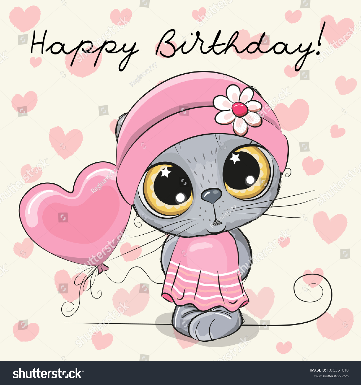 Greeting Birthday Card Cute Cartoon Kitten Stock Vector (Royalty Free ...