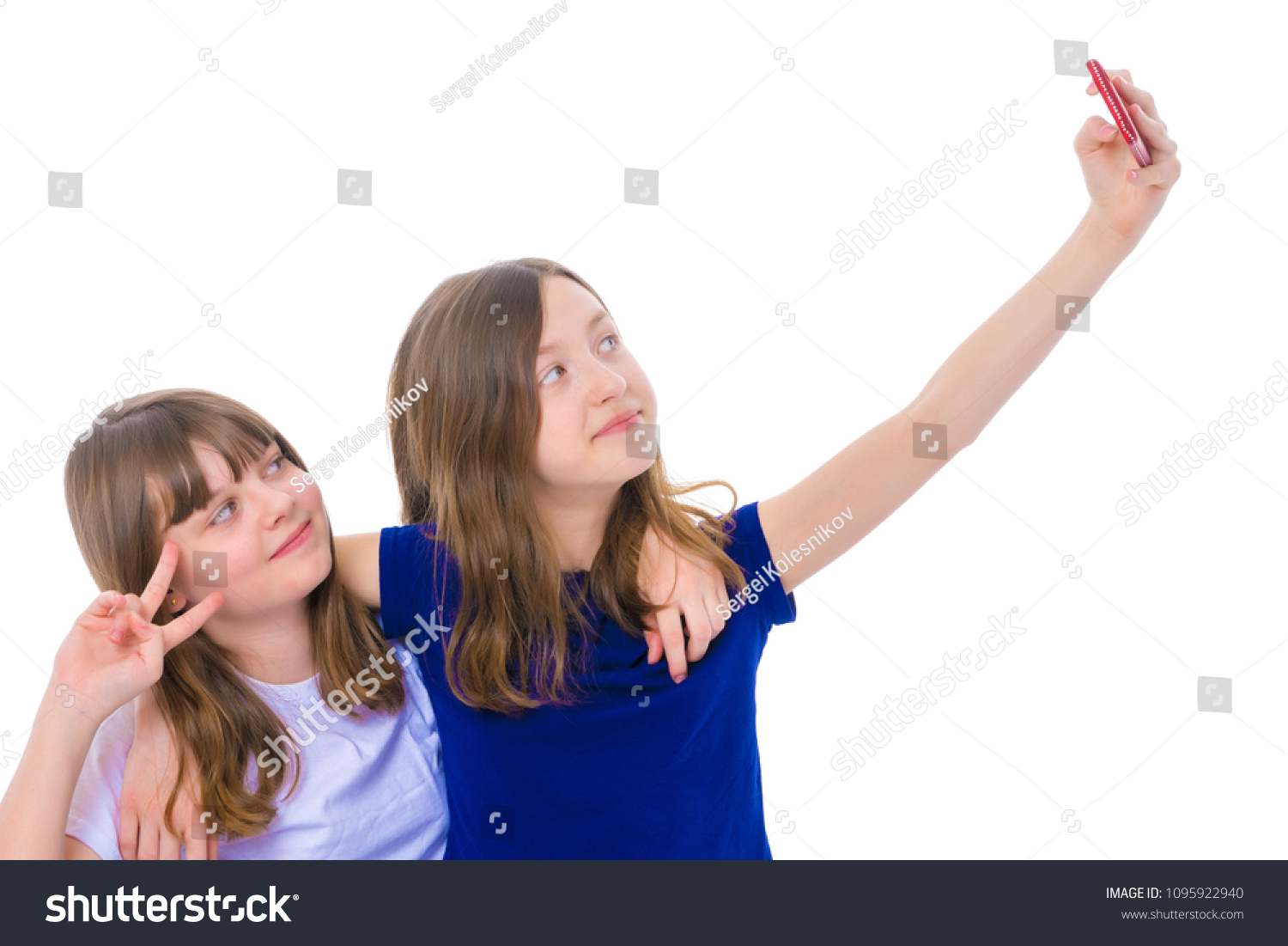 Two Happy Smiling Girls Make Selfportrait Stock Photo 1095922940 ...