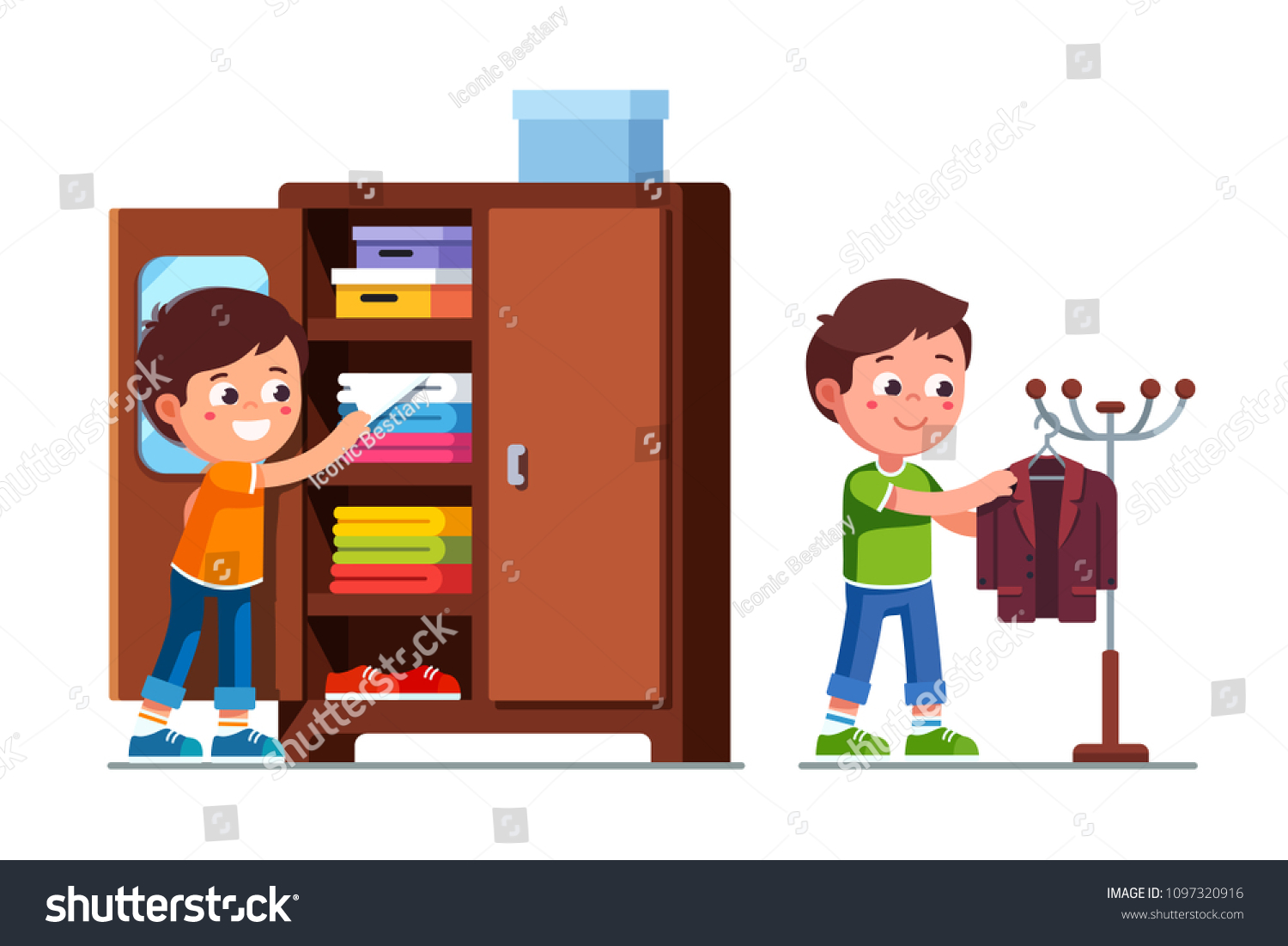 Мальчик вешает одежду в шкаф