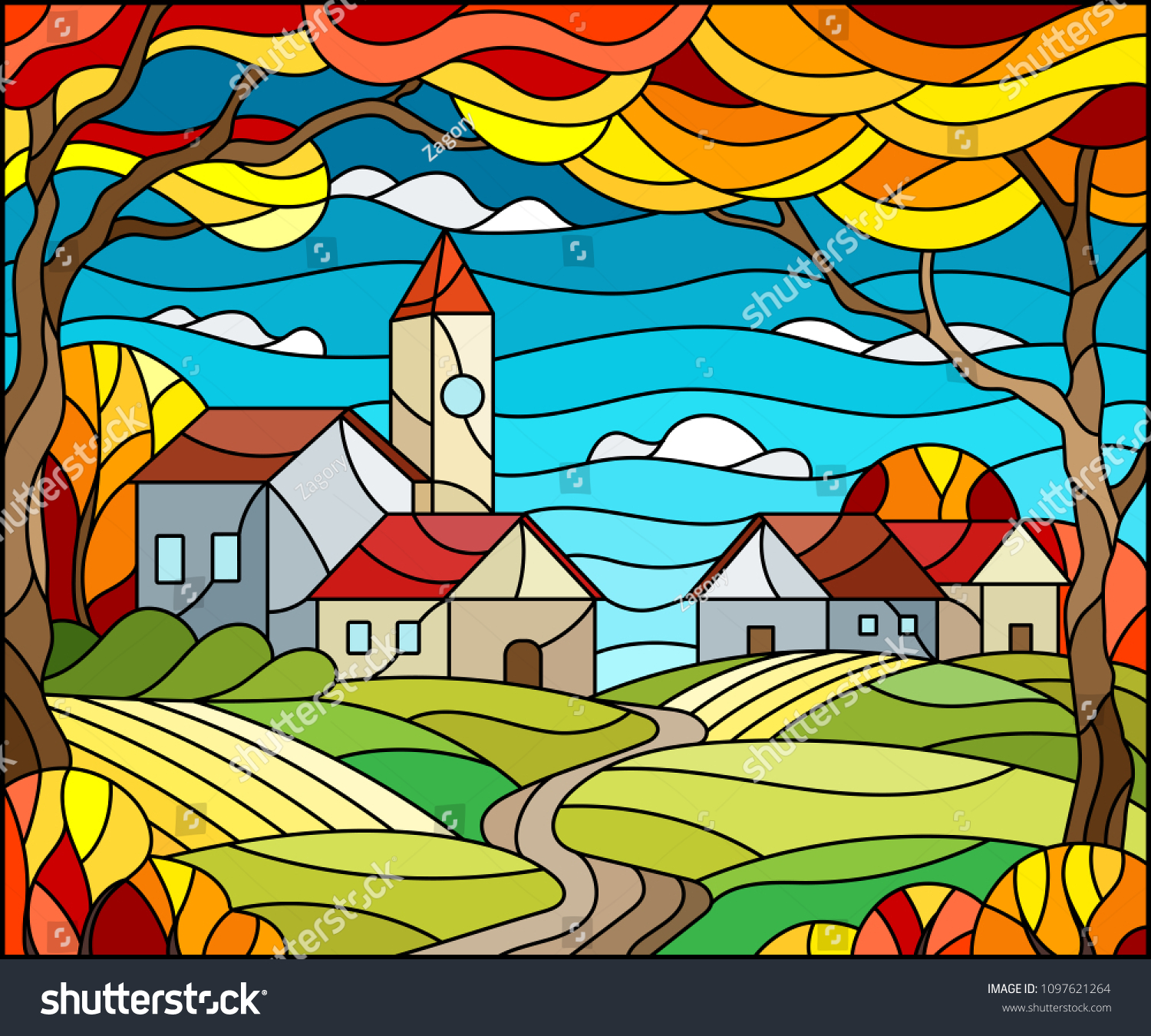 Illustration Stained Glass Style Urban Autumn Stock Vector (Royalty ...