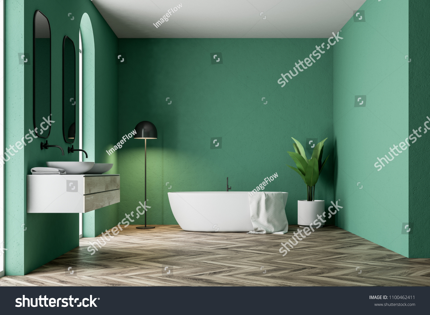 Minimalistic Green Bathroom Interior White Bathtub Stock Illustration 