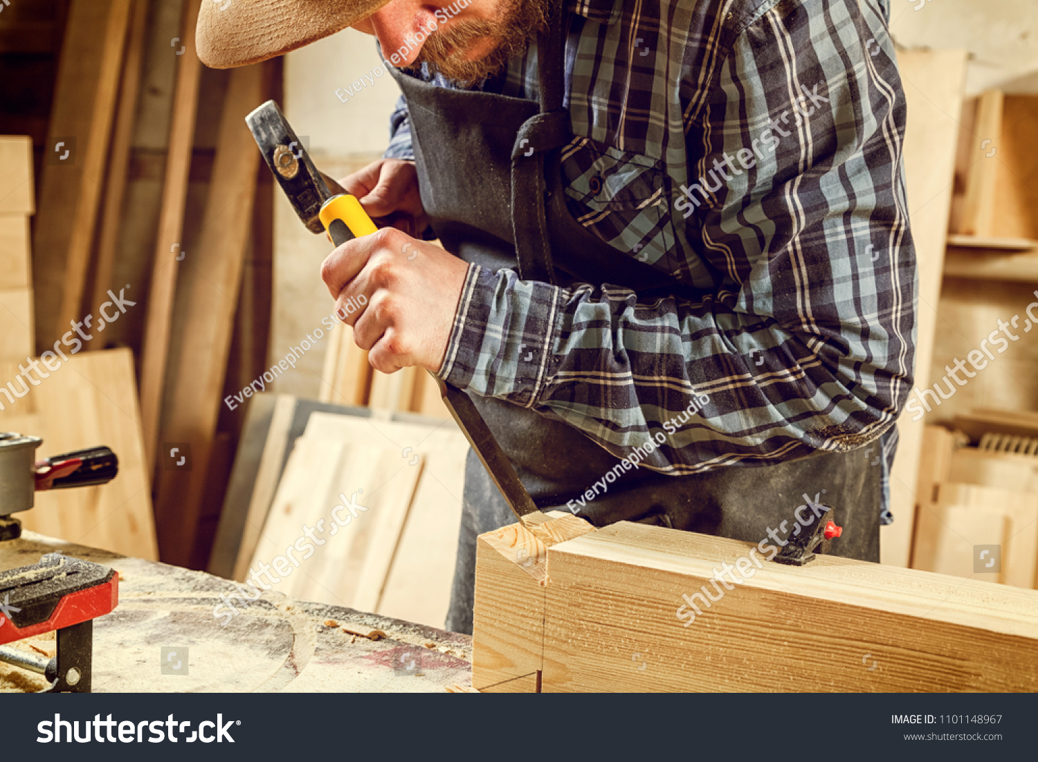 Strong Carpenter Work Clothes Carving Wood Stock Photo 1101148967 ...