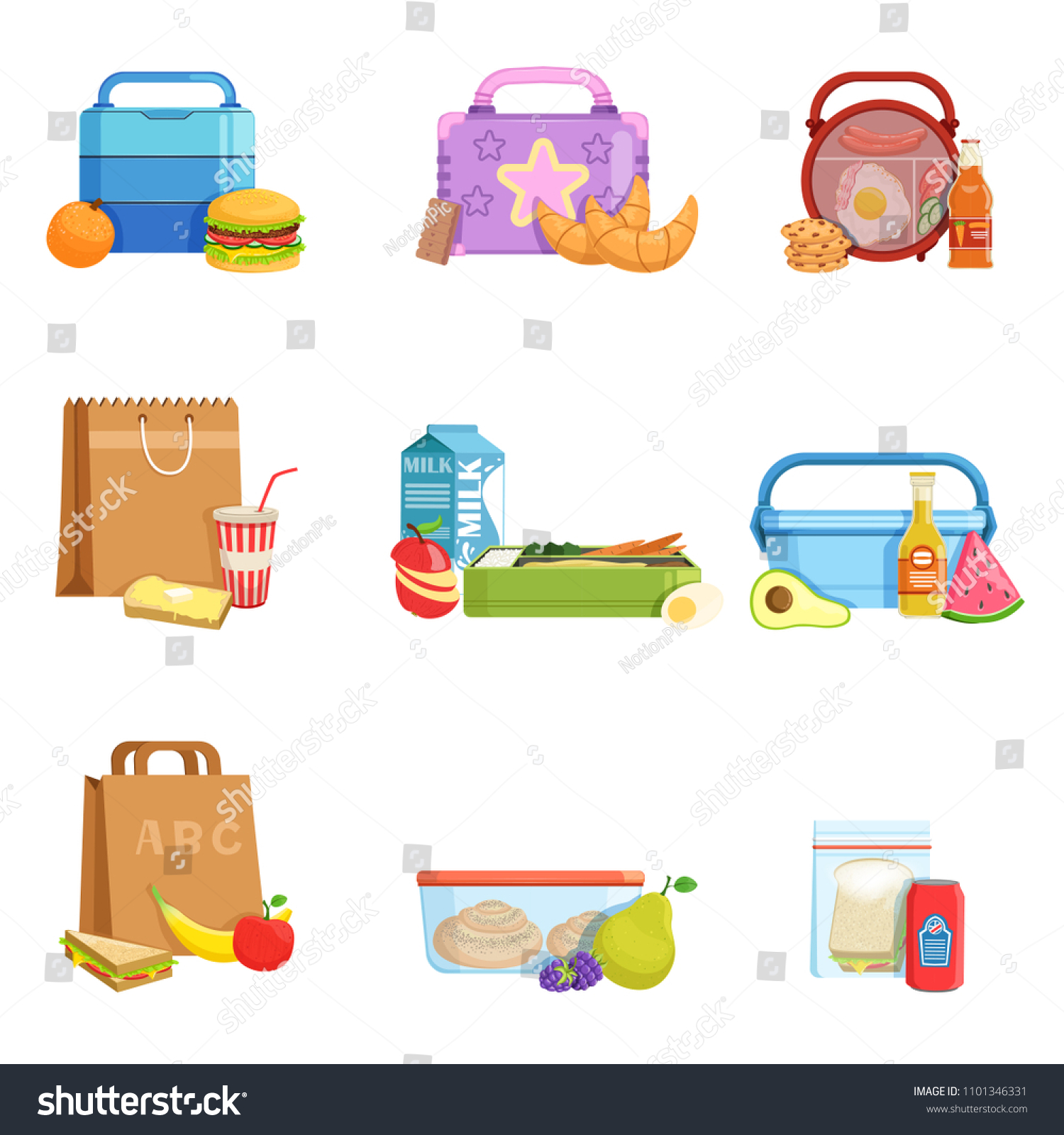 Flat Vector Set School Lunch Boxes Stock Vector (Royalty Free ...