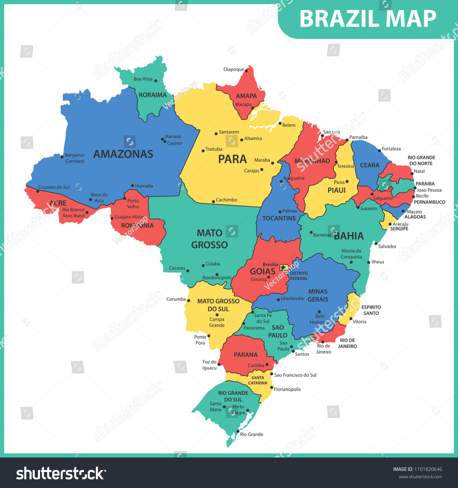 Detailed Map Brazil Regions States Cities Stock Illustration 1101820646 ...