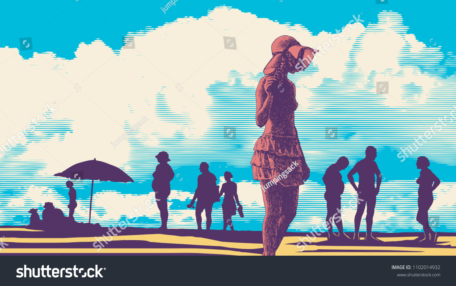 Silhouettes People On Beach Hand Drawn Stock Vector (Royalty Free ...