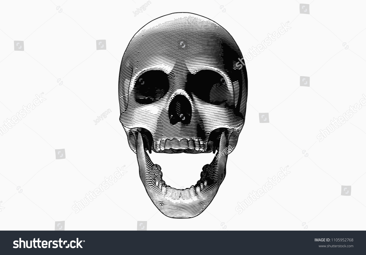 Engraving Drawing Skull Open Mouth Bottom: стоковая иллюстрация, 1105952768...