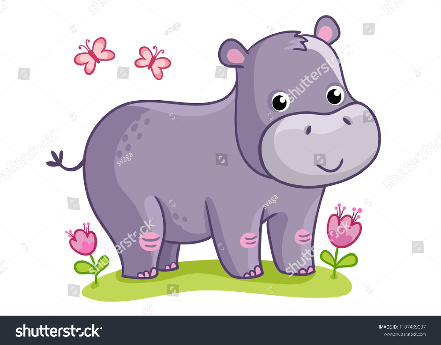Hippo Standing Meadow Flowers Cute Animal Stock Vector (Royalty Free ...