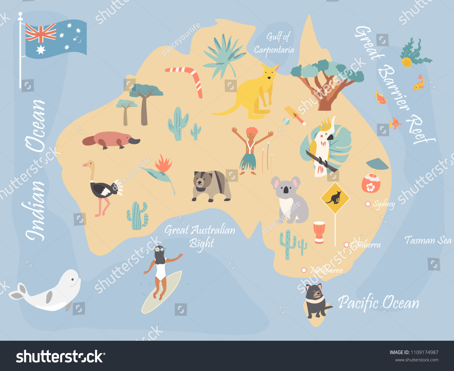 Map Australia Landmarks Wildlife Travel Cards Stock Vector (Royalty ...