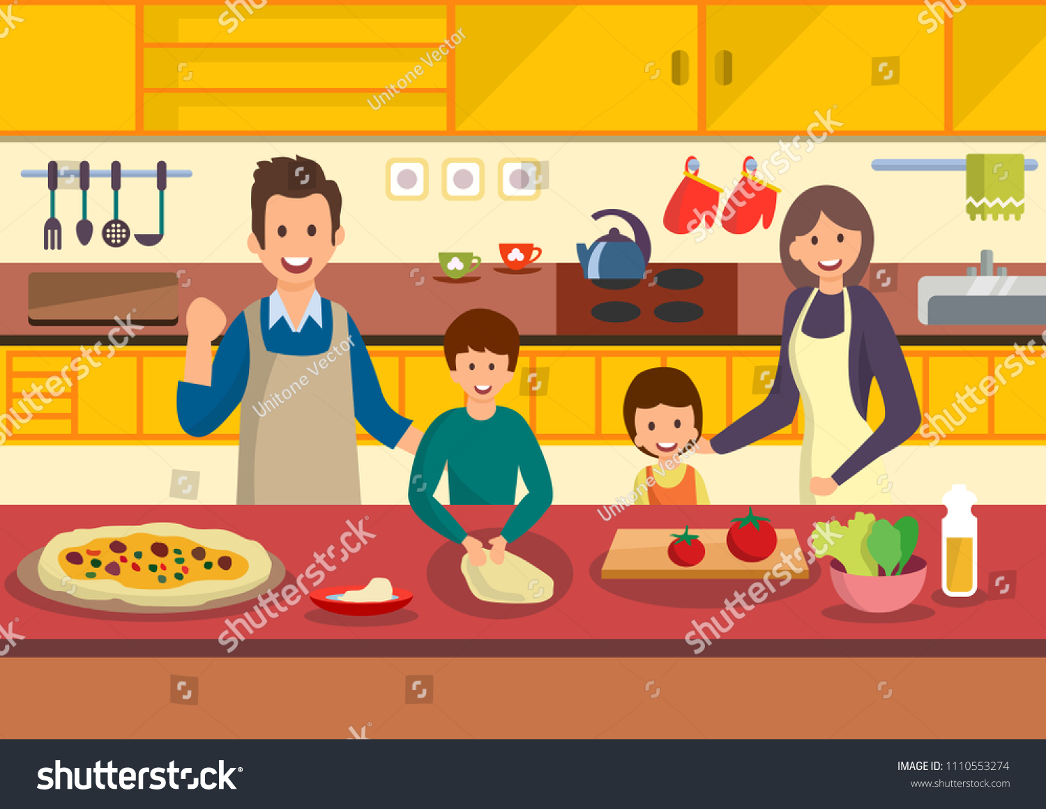 Happy Cartoon Family Cooks Pizza Kitchen Stock Vector (Royalty Free ...