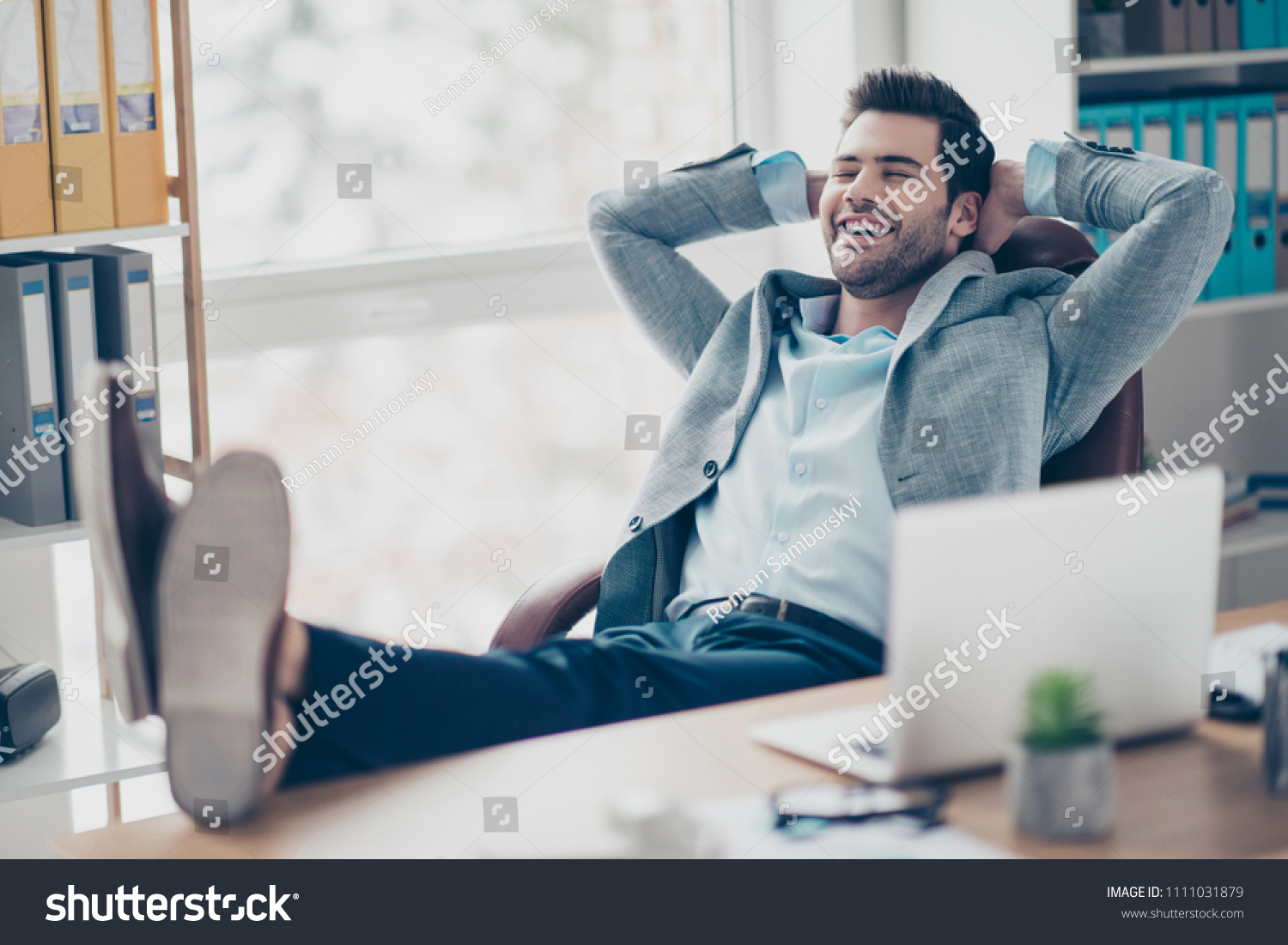 Portrait Peaceful Glad Man Sitting His Stock Photo 1111031879 ...