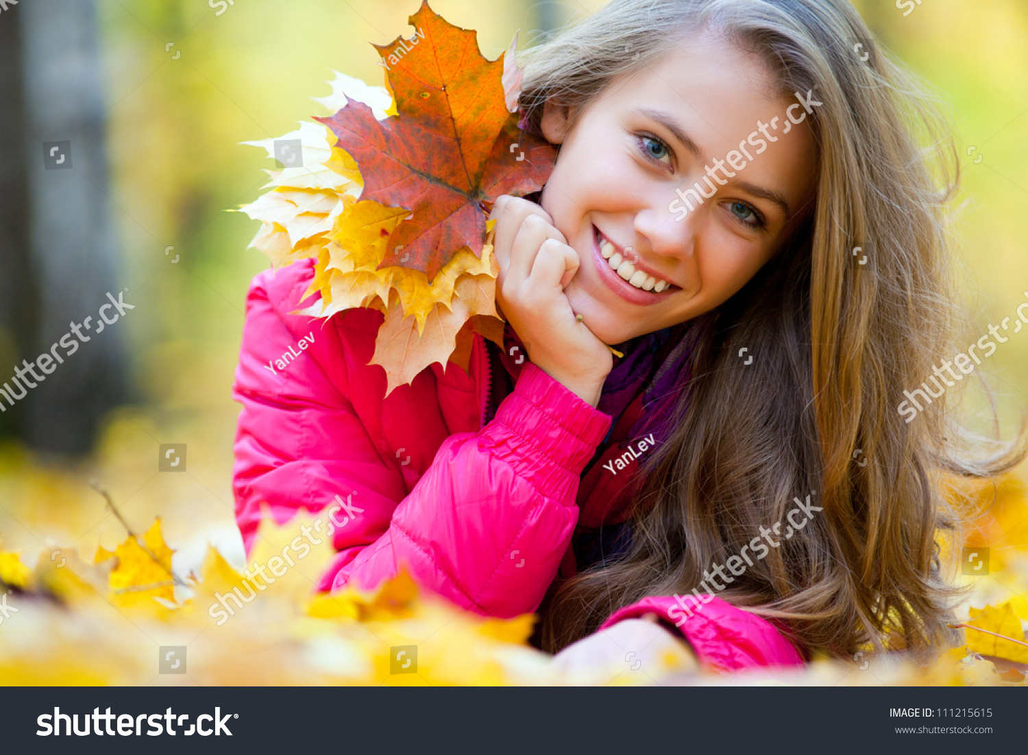 Horizontal Image Cheerful Girl Lying Autumn Stock Photo 111215615 ...