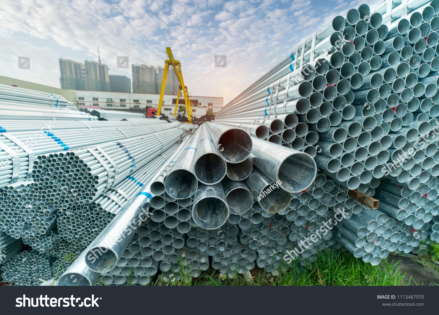 Steel Pipes Industry Construction Stacked Factory Stock Photo