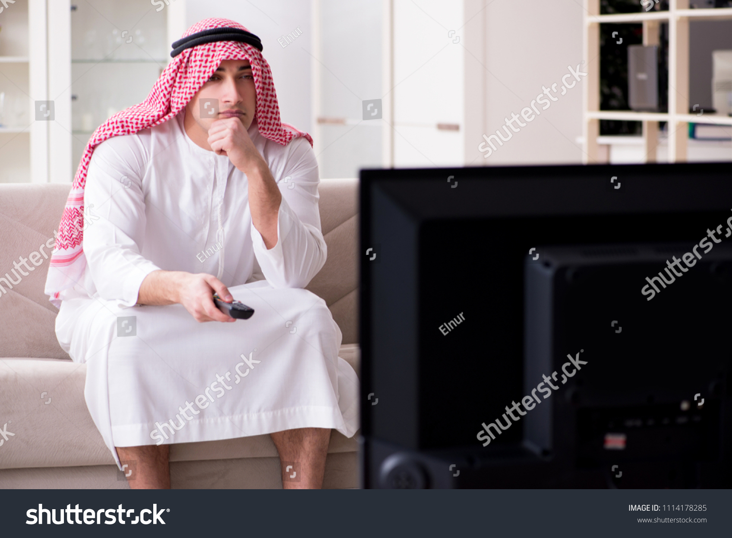 Arab Man Watching Tv Home Stock Photo 1114178285 