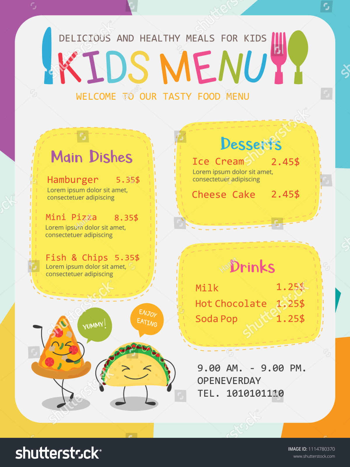 Cute Colorful Kids Meal Menu Vector Stock Vector (Royalty Free ...