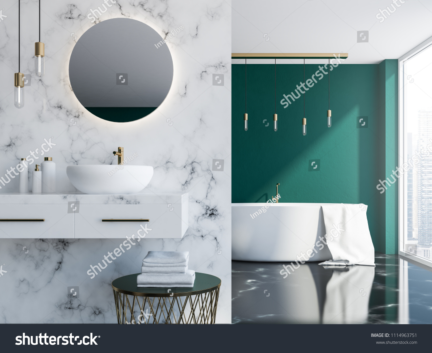 White Marble Dark Green Loft Bathroom Stock Illustration 1114963751 ...