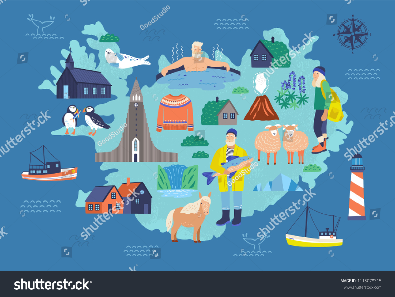 Map Iceland Touristic Landmarks National Symbols Stock Vector (Royalty ...