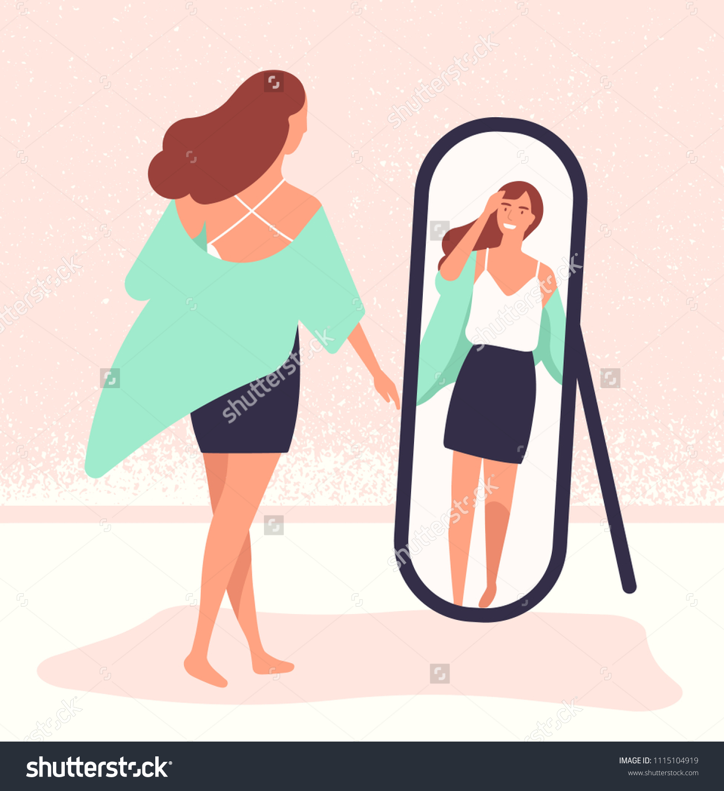 Young Longhaired Woman Standing Front Mirror Stock Vector (Royalty Free ...