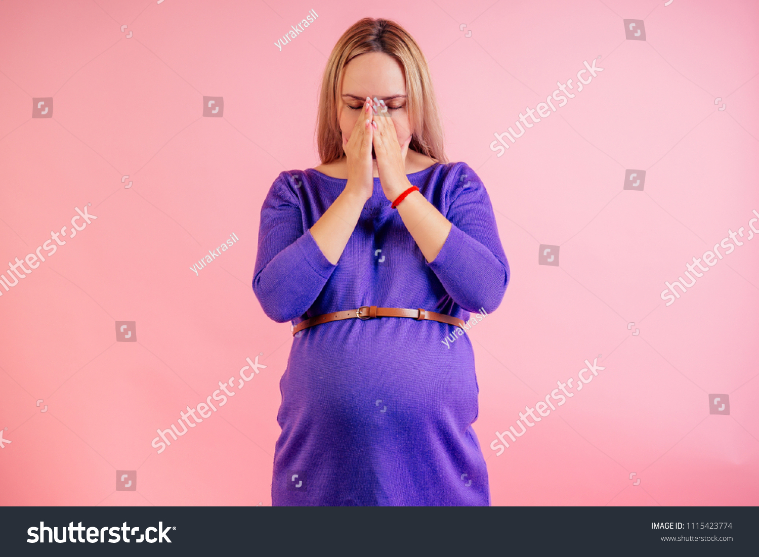 Beautiful Blonde Pregnant Sad Woman Violet Stock Photo 1115423774