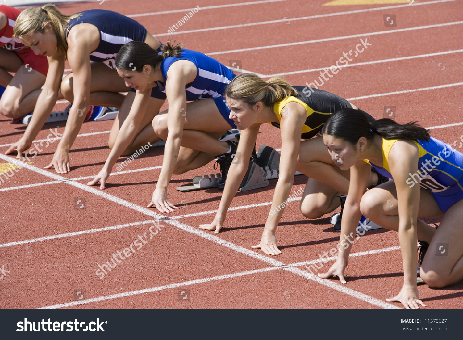 Female Athlete At Starting Line Stock Image   Image Of Full, Block