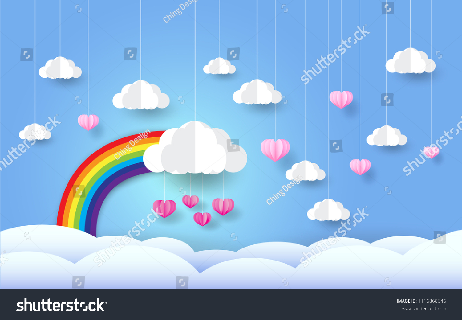 Rainbow Clouds Blue Sky Pink Heart Stock Vector (Royalty Free