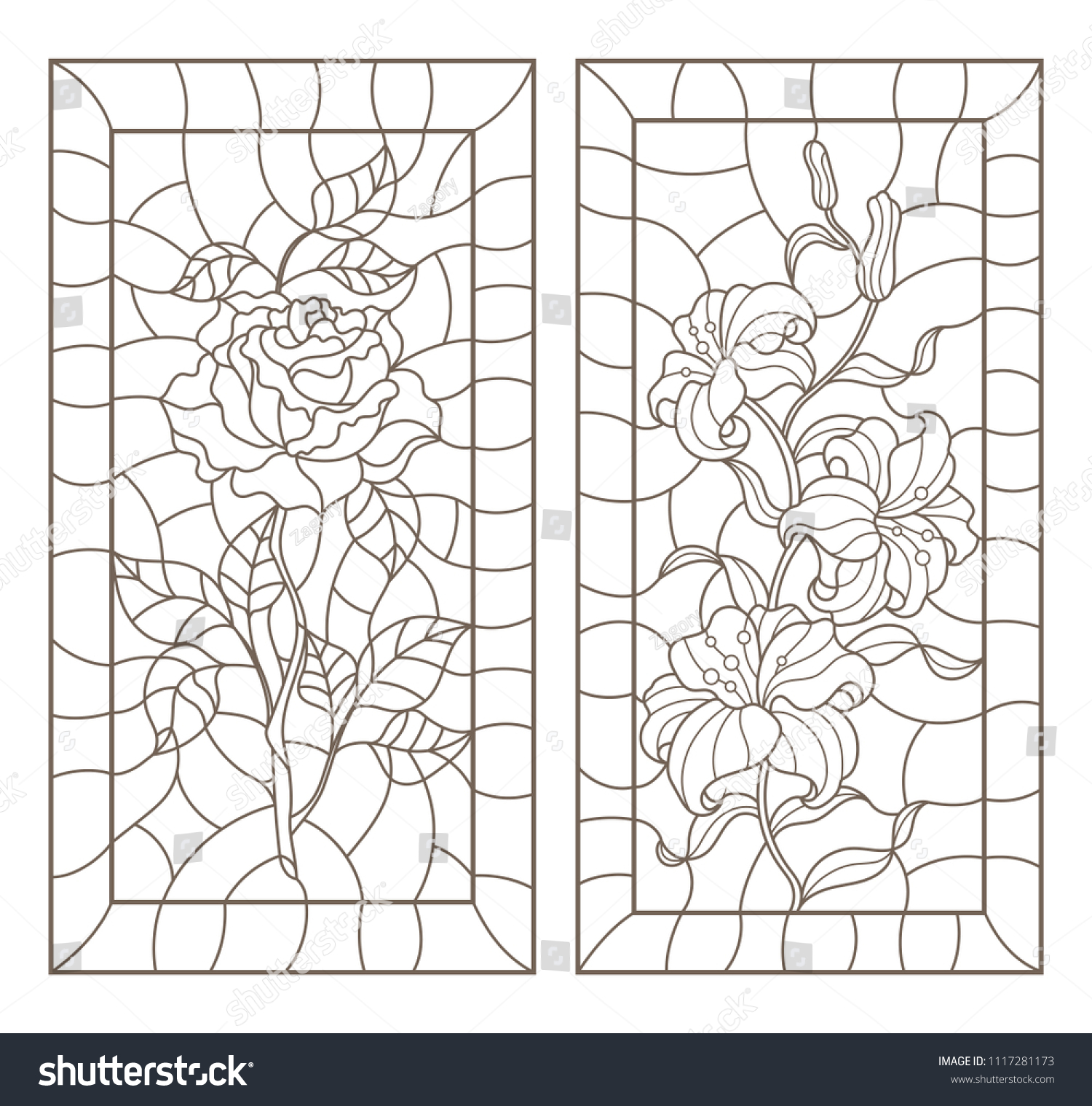 Set Contour Illustrations Stained Glass Flowers Stock Vector (Royalty ...