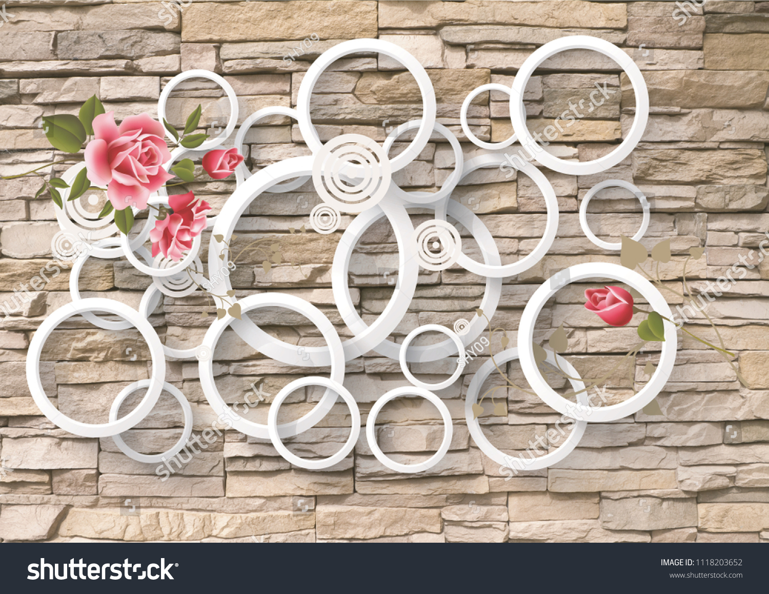 3d Wallpaper Design Brick Flowers Photomural Stock Illustration ...