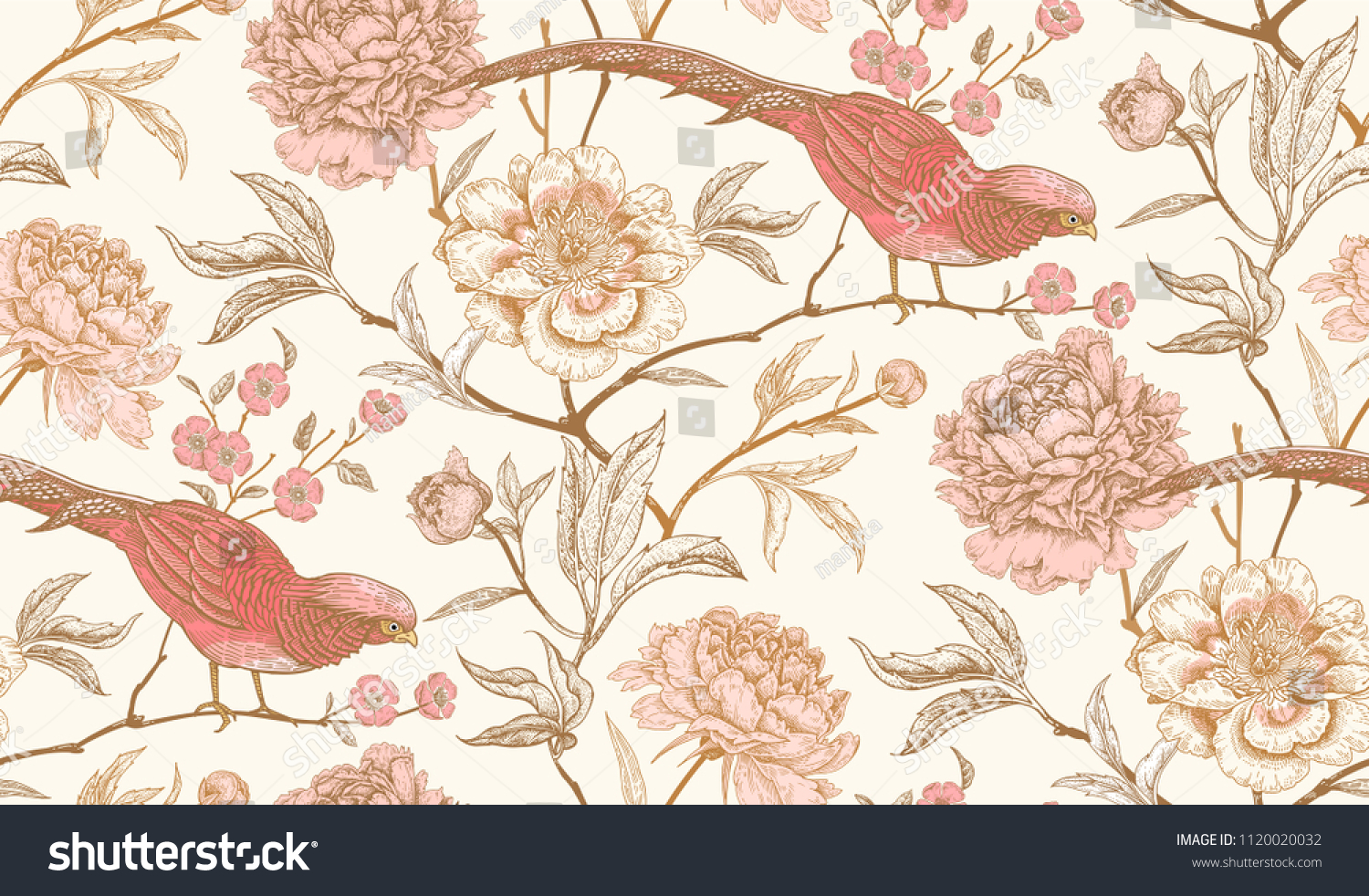 Peonies Pheasants Floral Vintage Seamless Pattern Stock Vector (Royalty ...