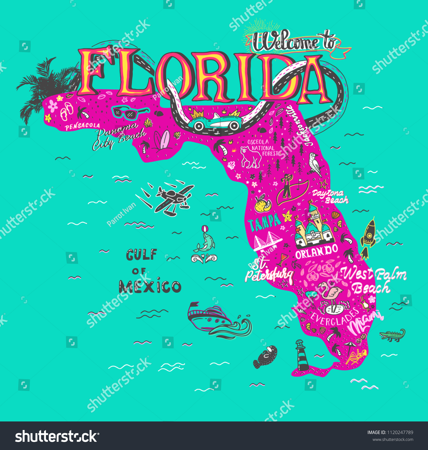 Hand Drawn Illustration Florida Map Tourist Stock Vector (Royalty Free ...