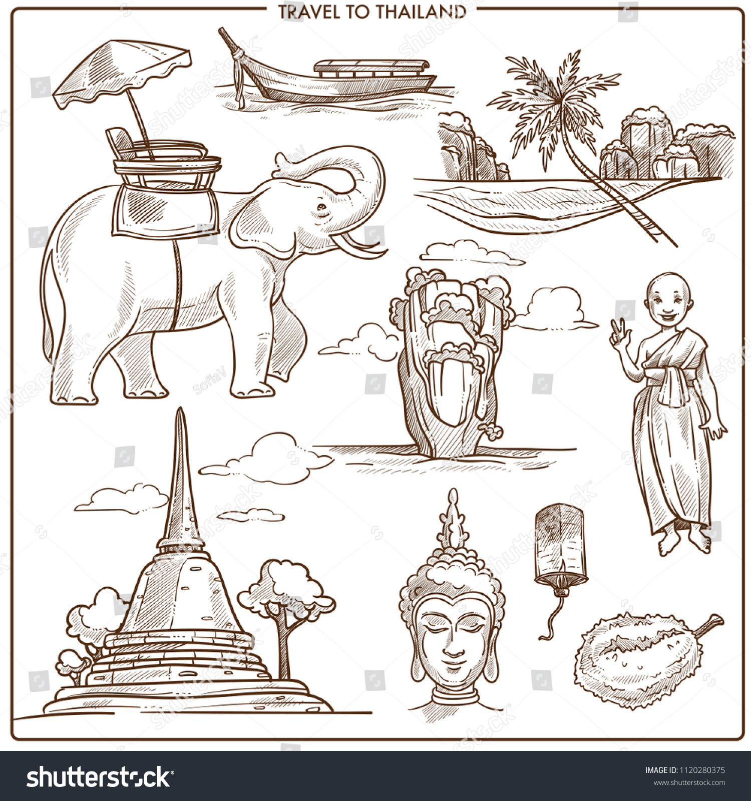 Thailand Travel Symbols Vector Sketch Landmarks Stock Vector (Royalty ...