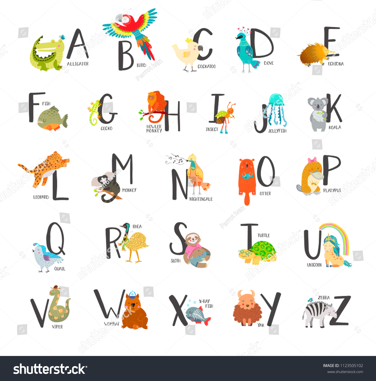 Cute Zoo Alphabet Cartoon Baby Animals Stock Illustration 1123505102 ...