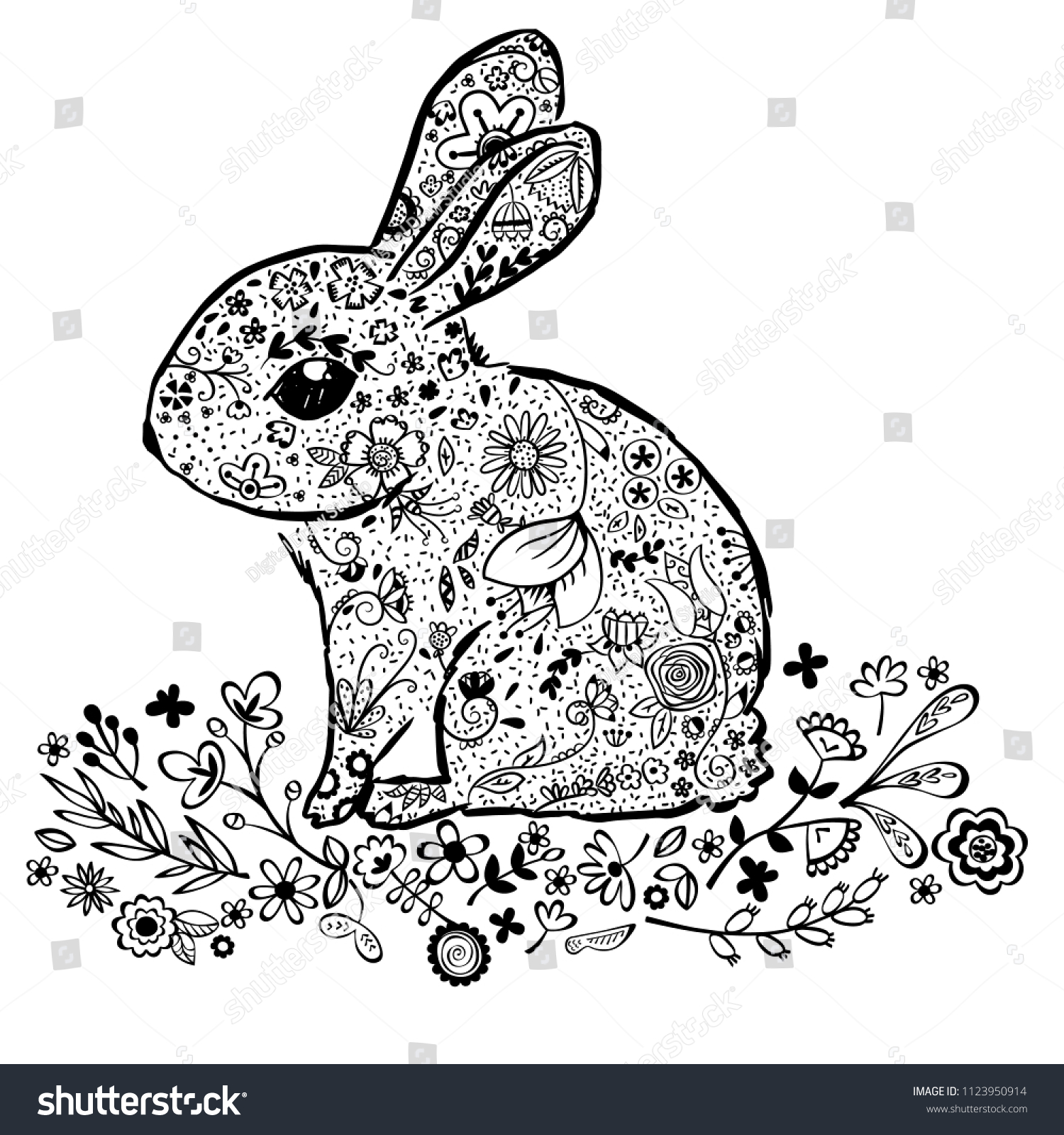 Bunny Wreath Black White Outline Wild Stock Vector (Royalty Free