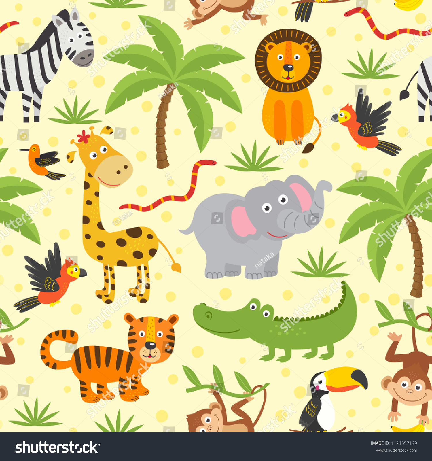 Seamless Pattern Funny Jungle Animals Vector Stock Vector (Royalty Free ...