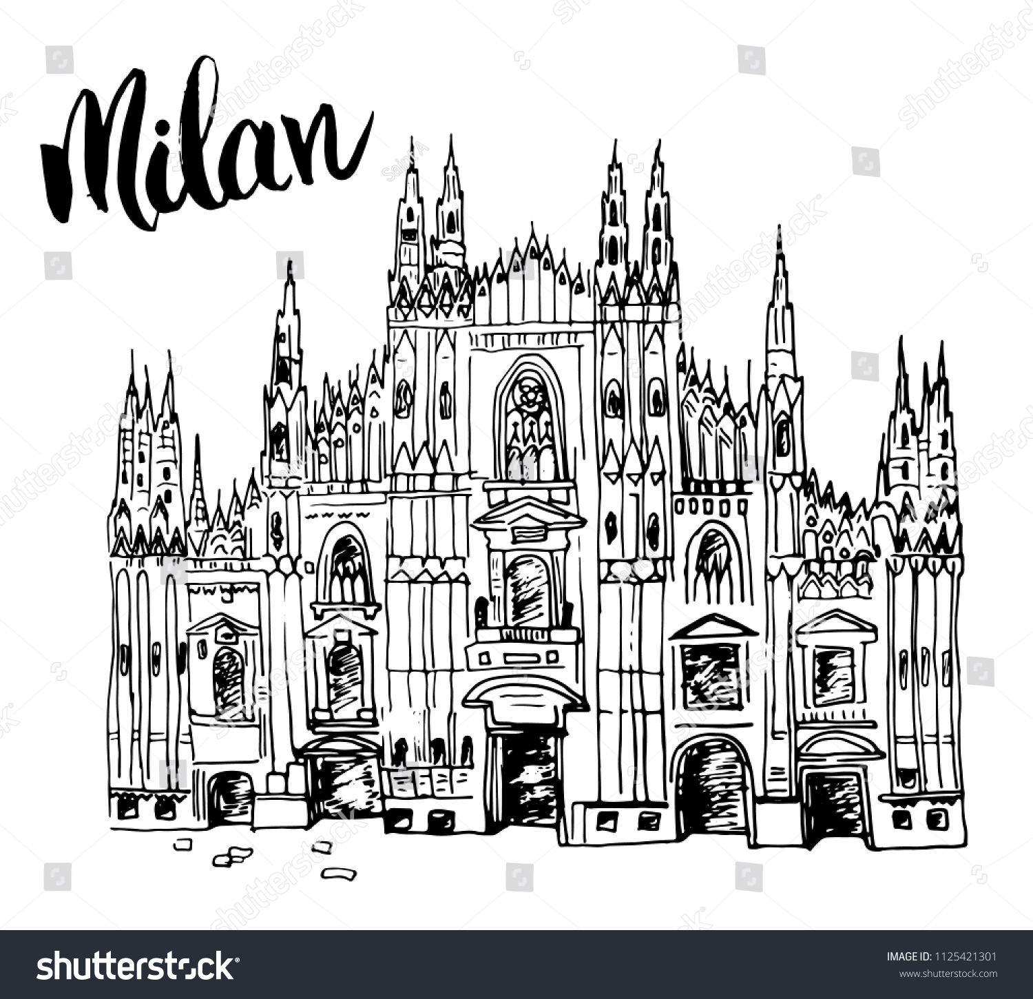 Duomo Cathedral Milan Italy Hand Drawn Stock Vector (Royalty Free ...