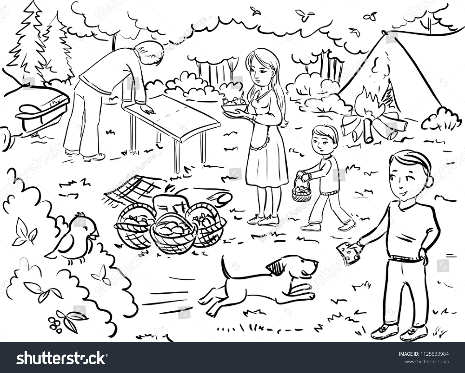 Раскраска семья на пикнике