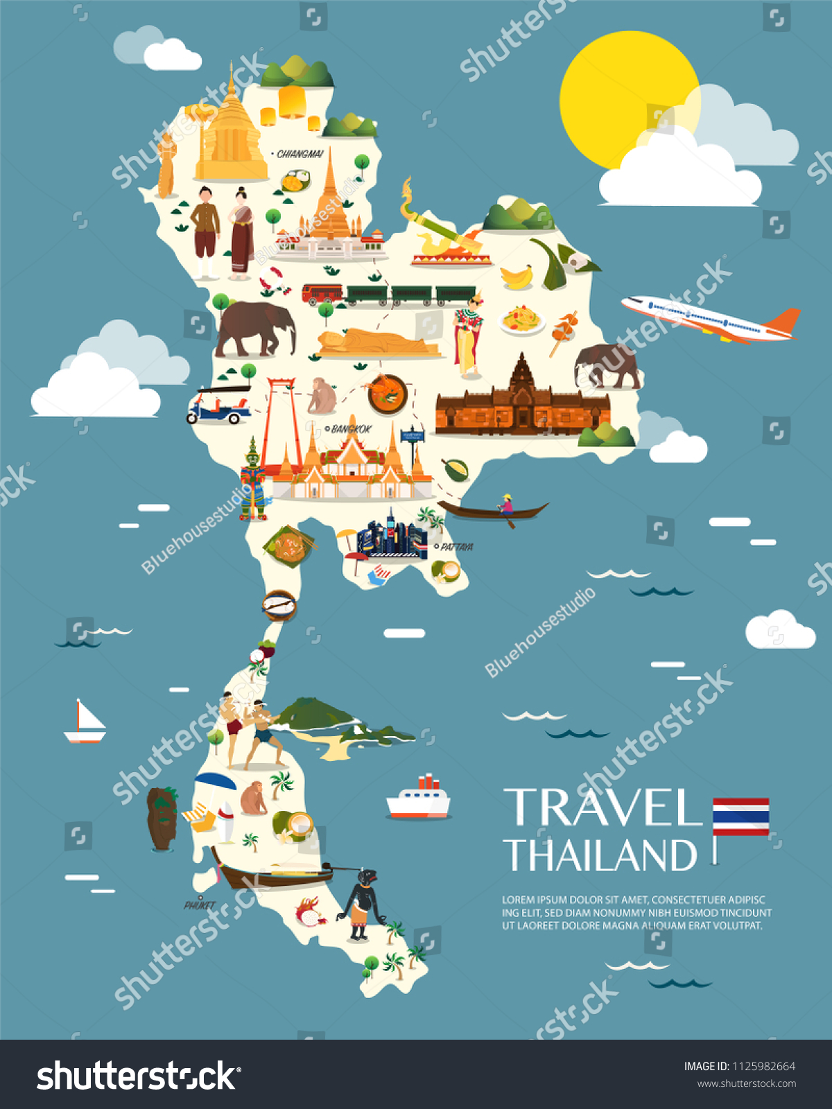 Thailand Map Colorful Landmarks Illustration Design Stock Vector ...