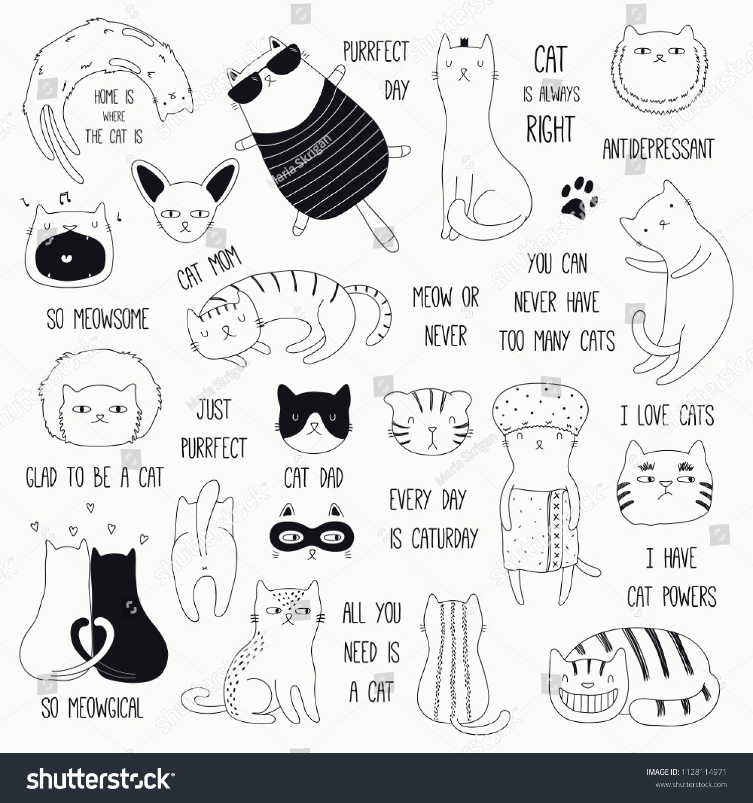 Set Cute Funny Black White Doodles Stock Vector (Royalty Free ...