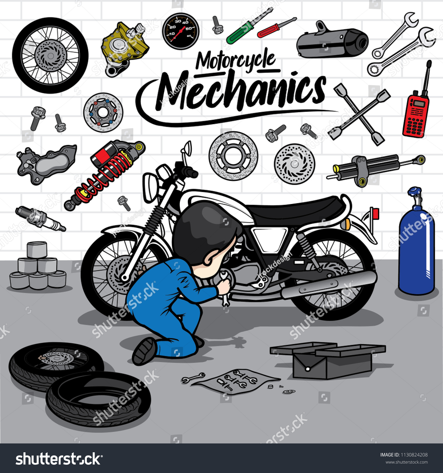 Man Fix Motorcycle Repairs Tool Kit Stock Vector (Royalty Free