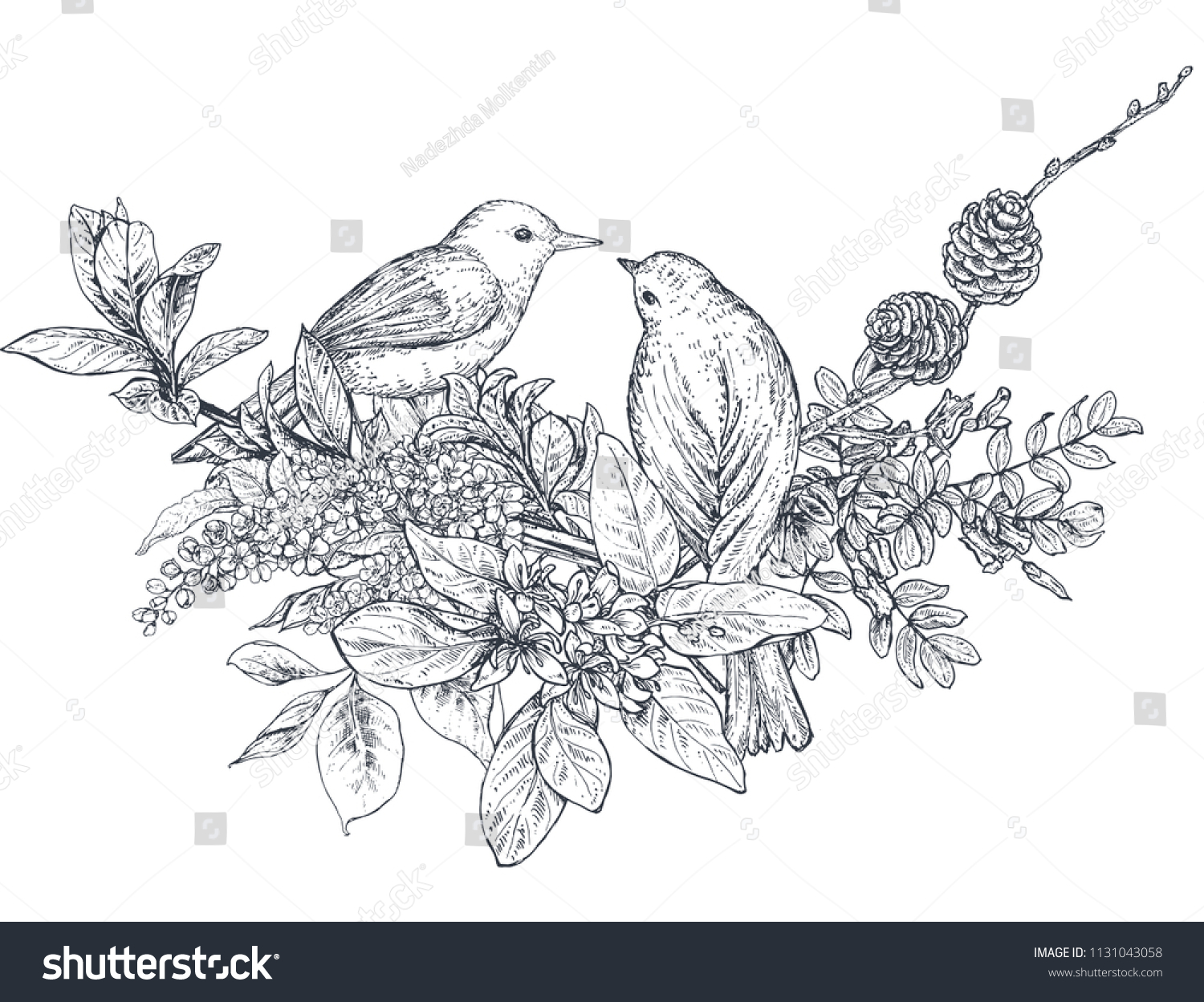 Bouquet Hand Drawn Blossom Branches Birds Stock Vector (Royalty Free ...