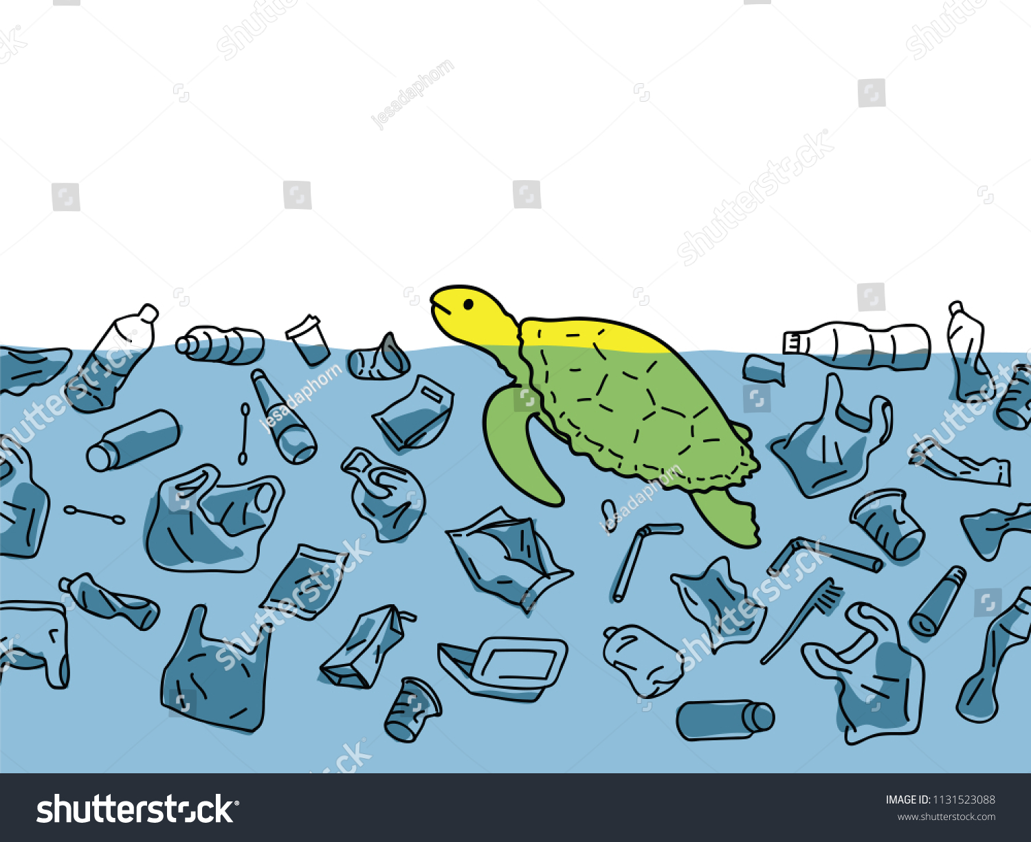 水中の海亀のベクターイラストで ごみとプラスチックで囲まれ 水質汚染の環境問題を考えています のベクター画像素材 ロイヤリティフリー Shutterstock