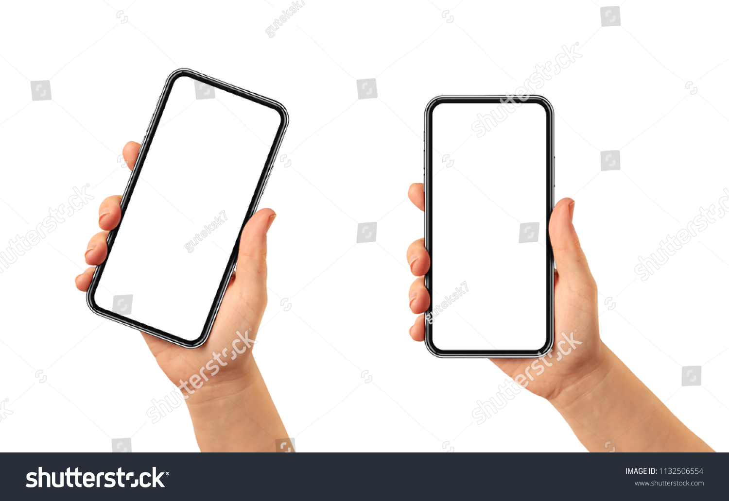 Hand Holding Smartphone Frame Less White Stock Photo 1132506554 